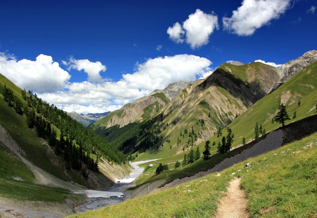 Picturesque Mountain Valley with Hiking Trail on a Sunny Day - Download Free Stock Photos Pikwizard.com