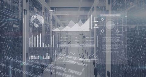 futuristic display with data analytics over server racks - Download Free Stock Images Pikwizard.com