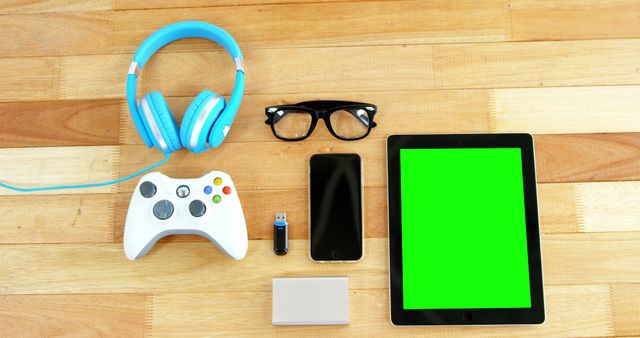 A variety of personal items including a gaming controller, headphones, eyeglasses, a smartphone, a tablet with a green screen, and a business card are neatly arranged on a wooden surface, with copy space. The layout suggests a blend of work, entertainment, and technology in a person's daily life.