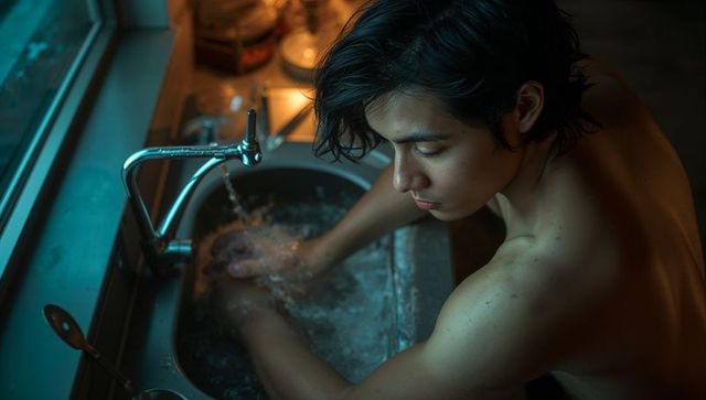 Young man washing hands at kitchen sink under moody window light, night