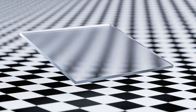 Floating beveled glass pane casting banded reflections over checkerboard tile surface