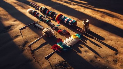 Handcrafted native instruments in natural light on forest floor