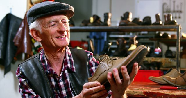 Smiling Senior Shoemaker Crafting Leather Shoes in Workshop - Download Free Stock Photos Pikwizard.com