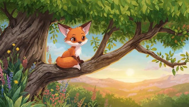 Young red fox resting on tree branch at sunset over colorful wildflower meadow