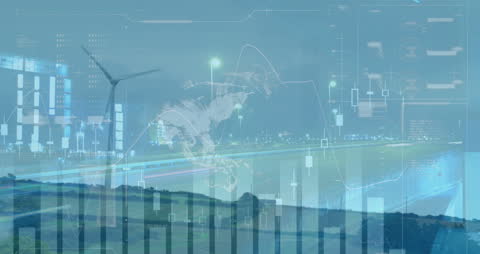 Futuristic Energy Concept with Graphs, Wind Turbine and Cityscape