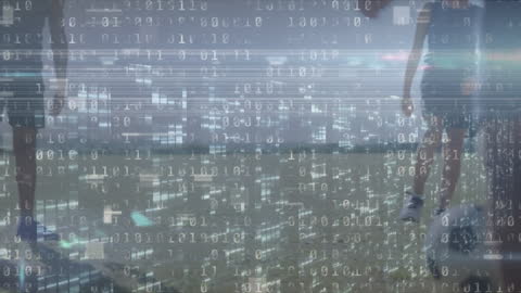 Digital Interference Over Football Scene, Blurry Diverse Players