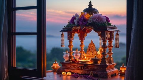 Serene home temple shrine with lamps and flowers at sunset, vishu festival