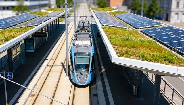 Blue Light-Rail Tram Pulling into Solar Canopy Station with Photovoltaic Green Roof