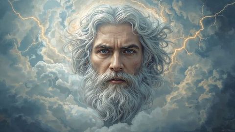 Mythical deity zeus head above storm clouds with lightning