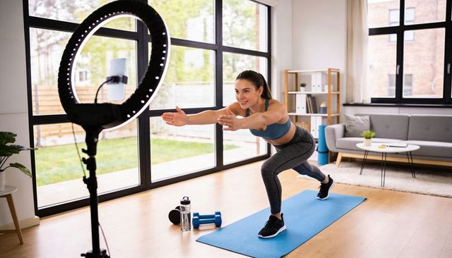 Fit woman streaming single-leg squat at home with ring light, dumbbells and yoga mat