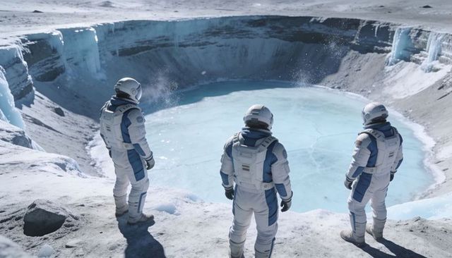 Astronauts surveying frozen crater lake on icy alien landscape, exploration team at rim