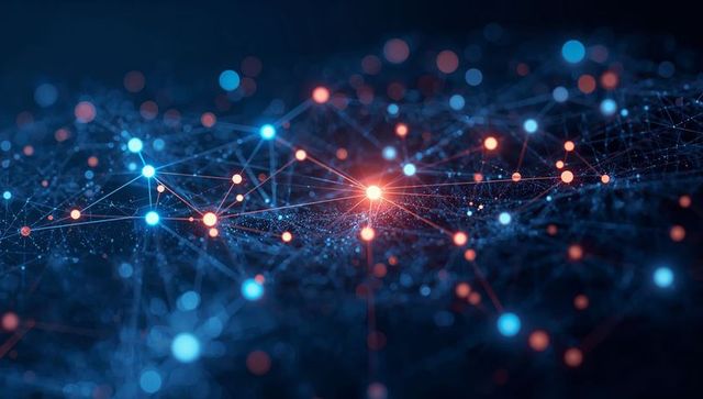 Glowing Neural Network with Cyan and Orange Nodes on Deep Navy Digital Grid