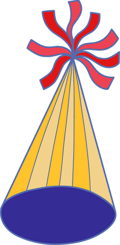 Festive party hat with yellow panels and red streamers on transparent background