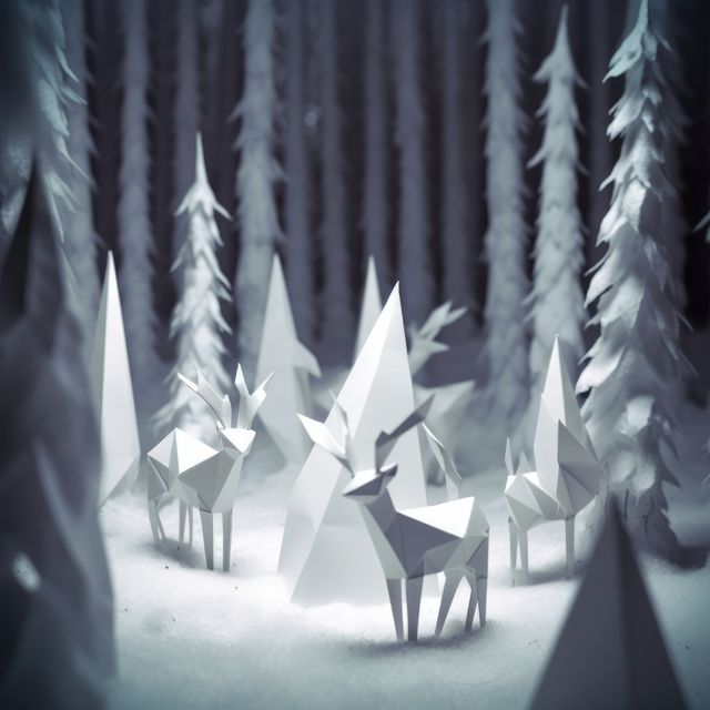 White origami forest and woodland animals in winter at night, created using generative ai technology - Download Free Stock Photos Pikwizard.com
