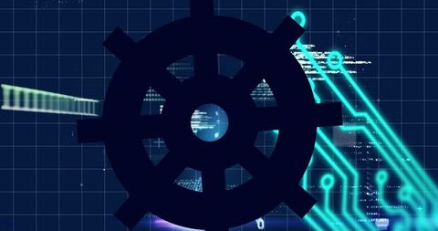 Innovative Gear in Digital Grid with Futuristic Circuitry