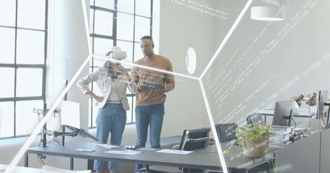 Guiding vr collaboration in modern loft office with ar holograms and code overlay