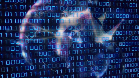 Digital Binary Code Overlay on Server Background