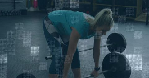 Female Athlete Deadlifting in Teal Top and Patterned Leggings with Graphic Mosaic Overlay