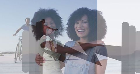 Joyful Family Connection at Beach with Bicycle and Overlay Infographic