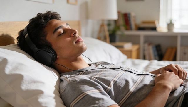 Teen relaxing on bed with over-ear headphones listening to music in sunlit bedroom