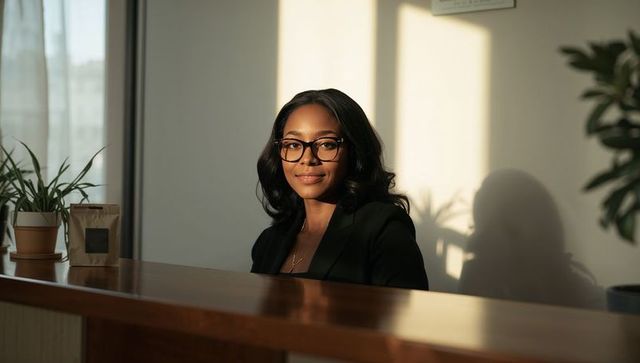 Smiling receptionist wearing glasses welcoming clients at sunlit modern reception desk
