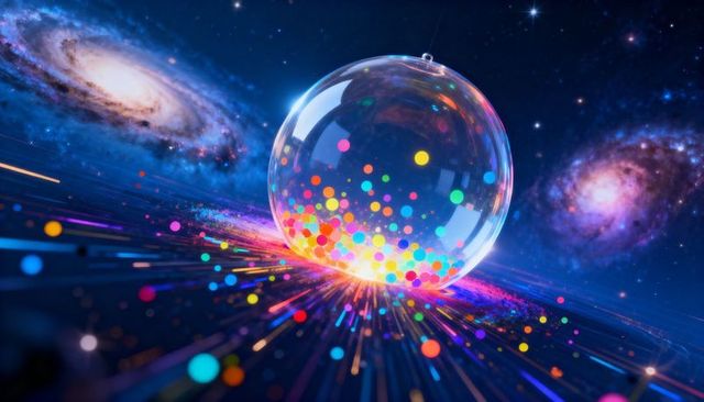 Translucent orb releasing neon particles and light trails across cosmic plane