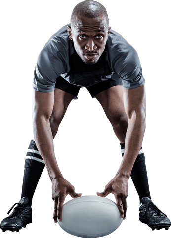 Sportsman focused on holding ball in transparent rugby pose