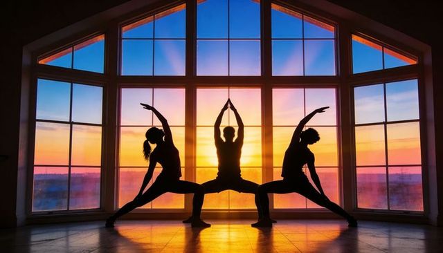 Practicing group yoga at sunset in backlit studio with dramatic arched window silhouettes