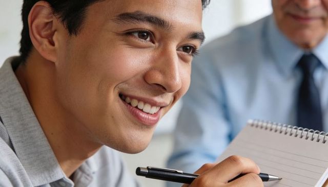 Smiling asian man holding pen and notebook during mentoring and training session