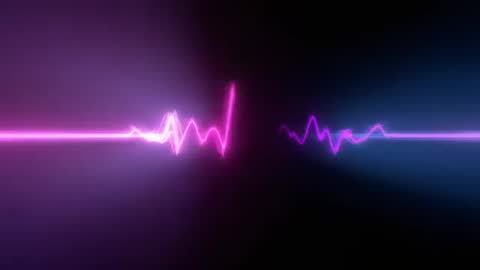 Looping neon heartbeat waveform splitting into twin magenta and cyan peaks, glowing pulse