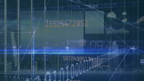 Abstract Digital Data and Light Trails in Futuristic Cityscape