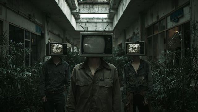 Dystopian scene with television-headed figures in abandoned corridor