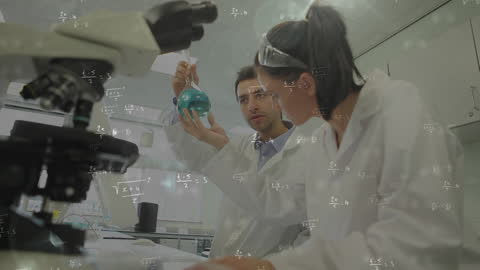Diverse Scientists Analyzing Lab Results with Equations Overlay