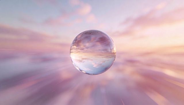 Hovering crystal orb reflecting inverted sunrise horizon over pastel mist, motion blur