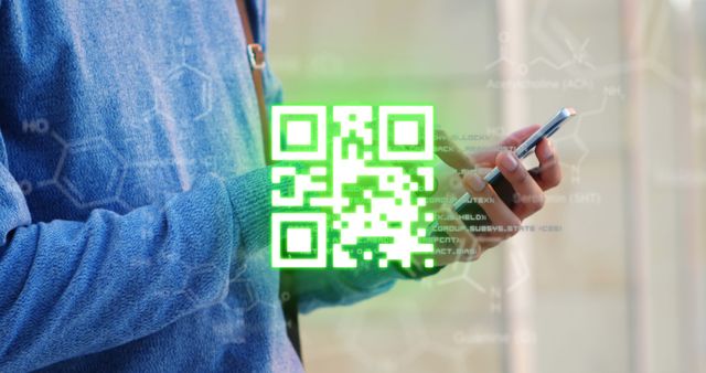 Close-up of person scanning smart QR code with smartphone. Bright green QR code overlaying an abstract pattern in background. Ideal for illustrating concepts of digital technology, mobile payments, innovative solutions, and modern data processing.