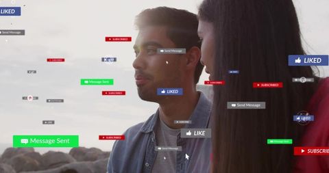 Couple on rocky shore receiving floating social notifications and like badges