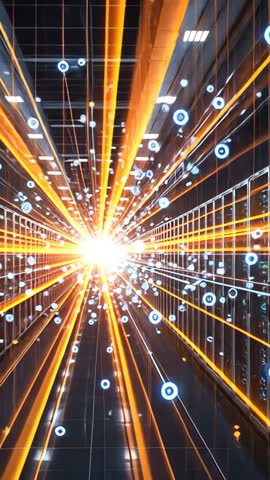 Bursting Light Racing Through Server Racks with Floating Data Nodes Vertical Tech Video