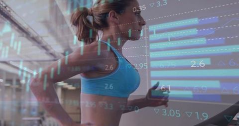 Woman Running on Treadmill with Fitness Data Overlay
