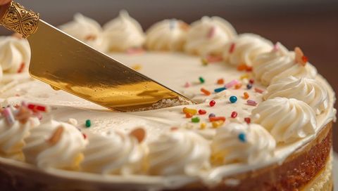 Cutting creamy frosted layer cake with ornate gold server, rosettes and colorful sprinkles
