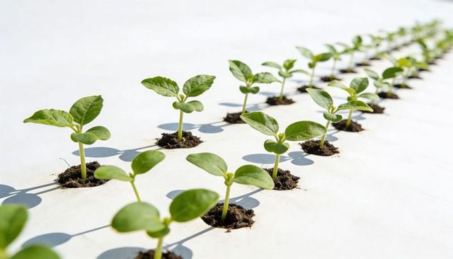Sprouting green seedlings forming neat rows on white grow sheet for hydroponic propagation