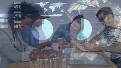 Diverse Team Collaborating with Futuristic Data Visuals Overlay