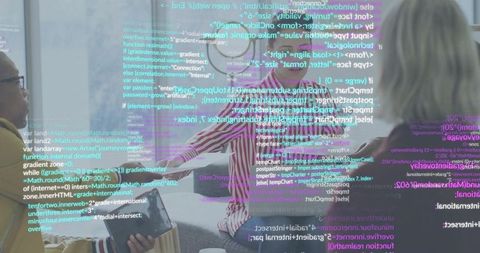 Female tech lead reclining on sofa presenting code to team in modern office lounge