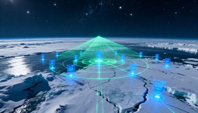 Holographic radar scanning arctic ice sheet with sensor beacons and data overlays
