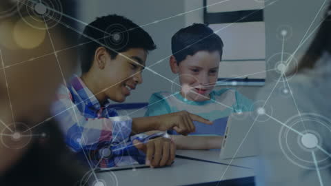 Diverse Students Engaged with Tablet and Network Animations