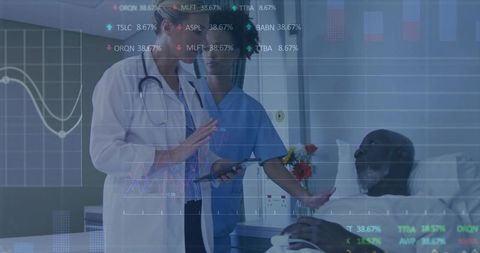 Clinical team consulting bedside patient using tablet and digital health analytics overlay