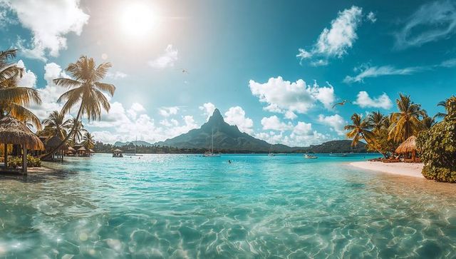 Sunlit turquoise lagoon embracing volcanic peak with overwater bungalows and palms