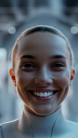 Vertical video: Humanoid android undergoing diagnostic scan and smiling with HUD overlay