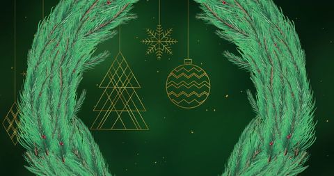 Christmas Wreath with Abstract Decorations on Green Background