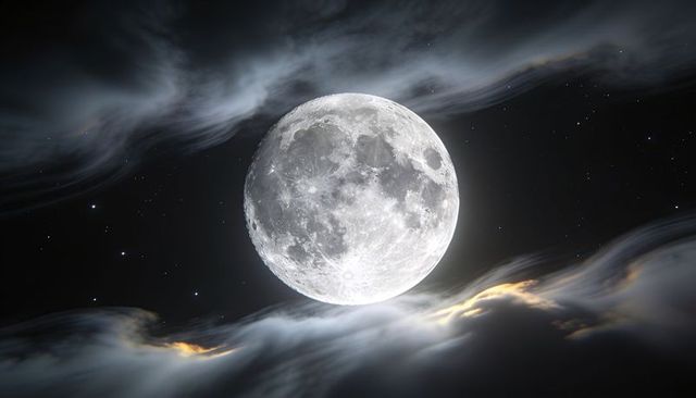 Full moon rising through haloed wispy clouds over starry night sky, detailed lunar surface
