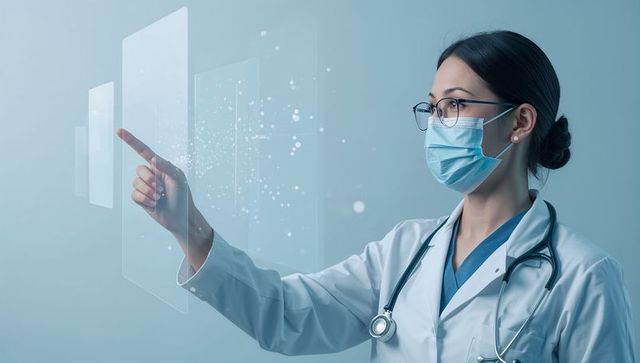 Female physician interacting with augmented reality medical interface, mask and stethoscope